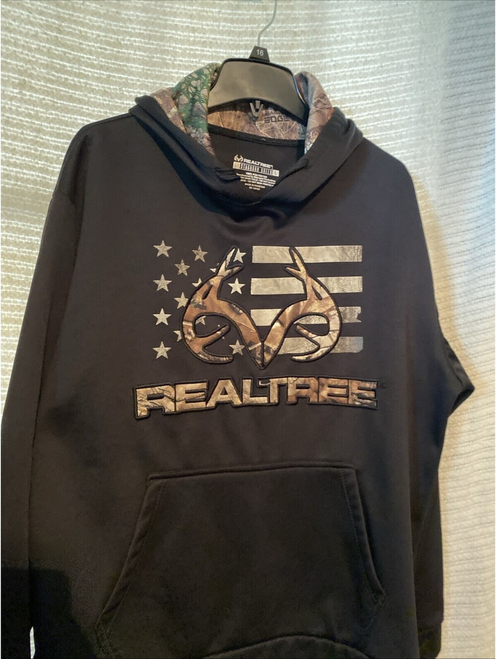 Realtree Camo Flag Antlers Hoodie Men L Black Pullover Hunting Outdoors Graphic
